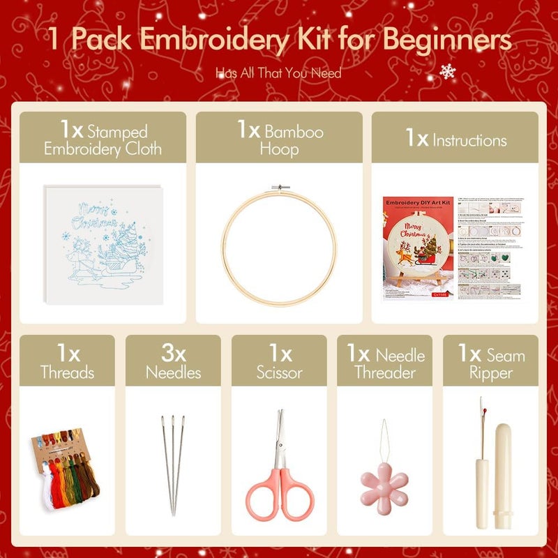 wtisan Christmas Embroidery Kits: 1 Pack Cross Stitch Kit for Beginners Adults, DIY Ornaments Craft Kit with All Tools & Instructions, Stamped Hand Embroidery Starter Kit for Holiday Crafts & Xmas Home Decor - Image 3